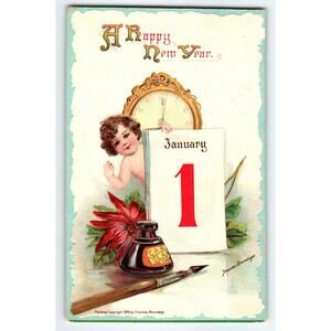 New Year Postcard Frances Brundage Cute Baby Clock Jan 1 Calendar Gabriel 1912
